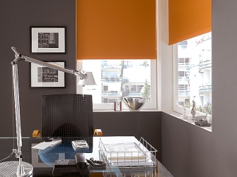 Ratgeber Wände farbig gestalten: Seitenzug Rollo Basic im braun gestrichenem Arbeitszimmer